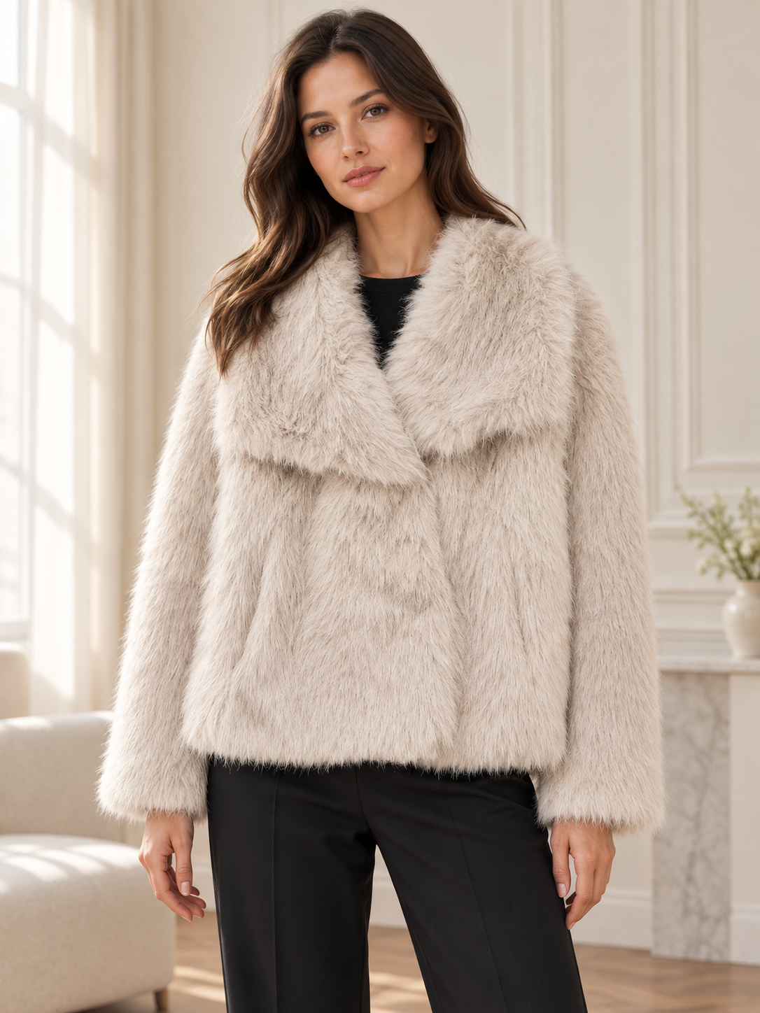 Rovelle Plush Faux Fur Coat — Beige — model