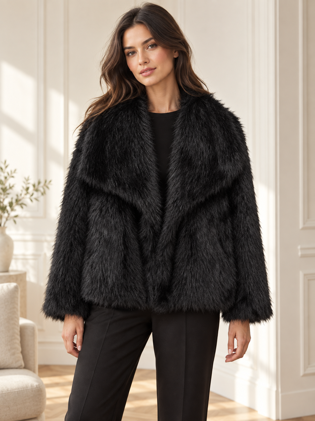Rovelle Plush Faux Fur Coat — Black — model