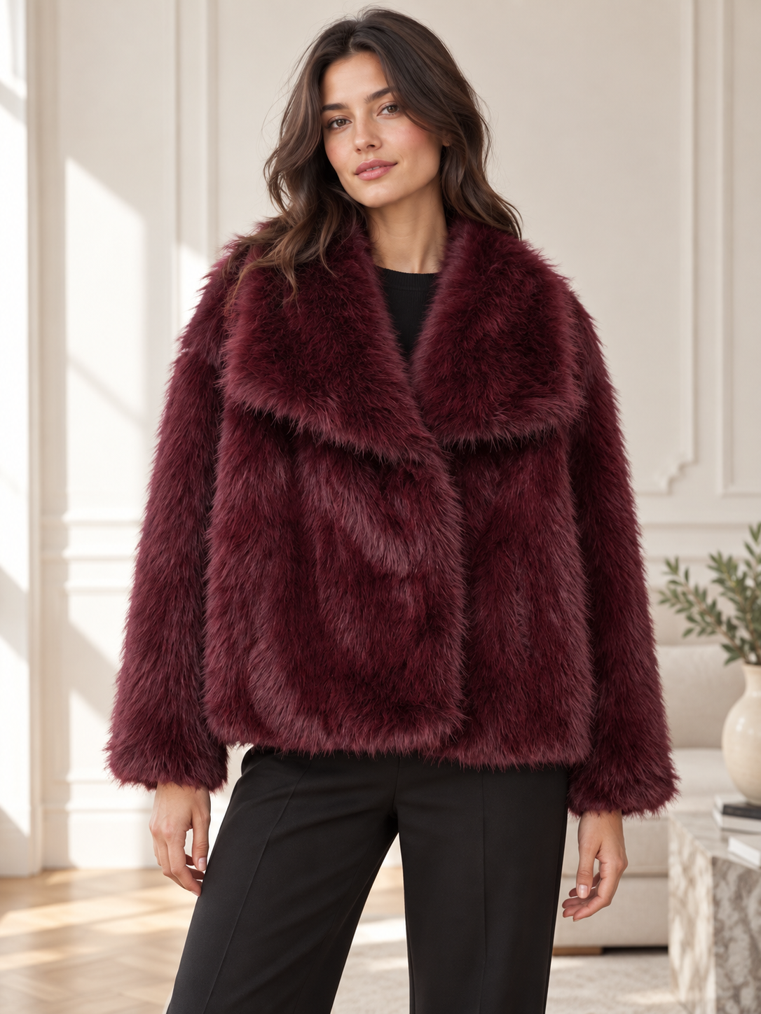 Rovelle Plush Faux Fur Coat — Burgundy — model