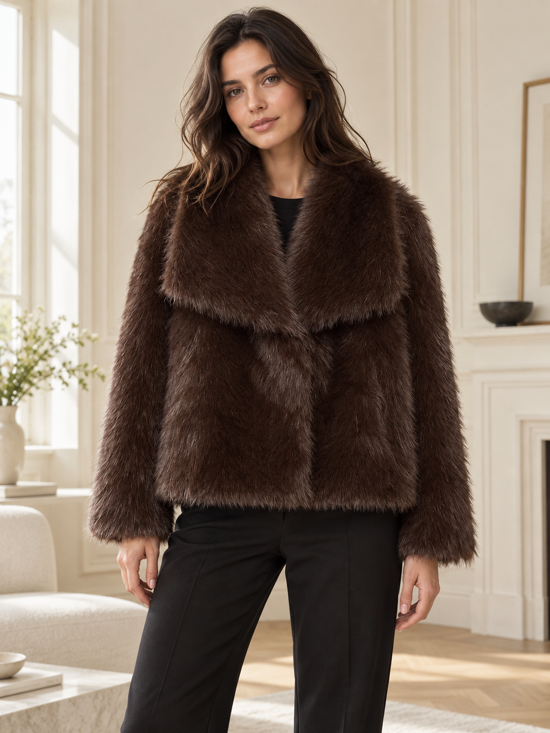 Rovelle Plush Faux Fur Coat — Chocolate Brown — model