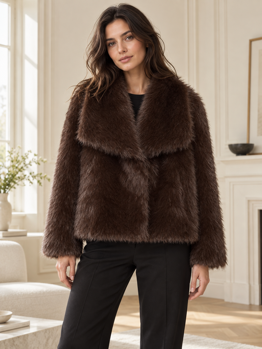 Rovelle Plush Faux Fur Coat — Chocolate Brown — model