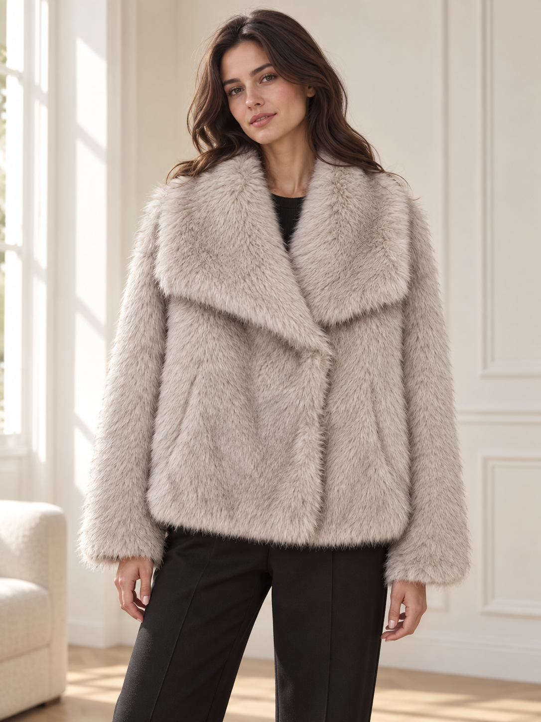 Rovelle Plush Faux Fur Coat — Greige — model