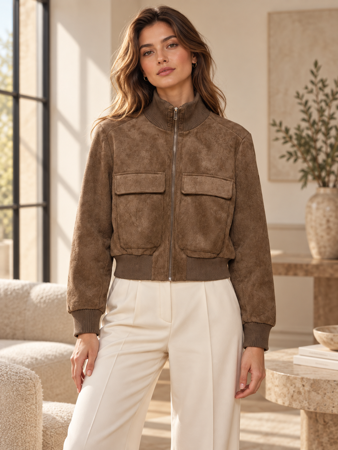 Rovelle Cropped Faux Suede Jacket — Mocha Brown — model
