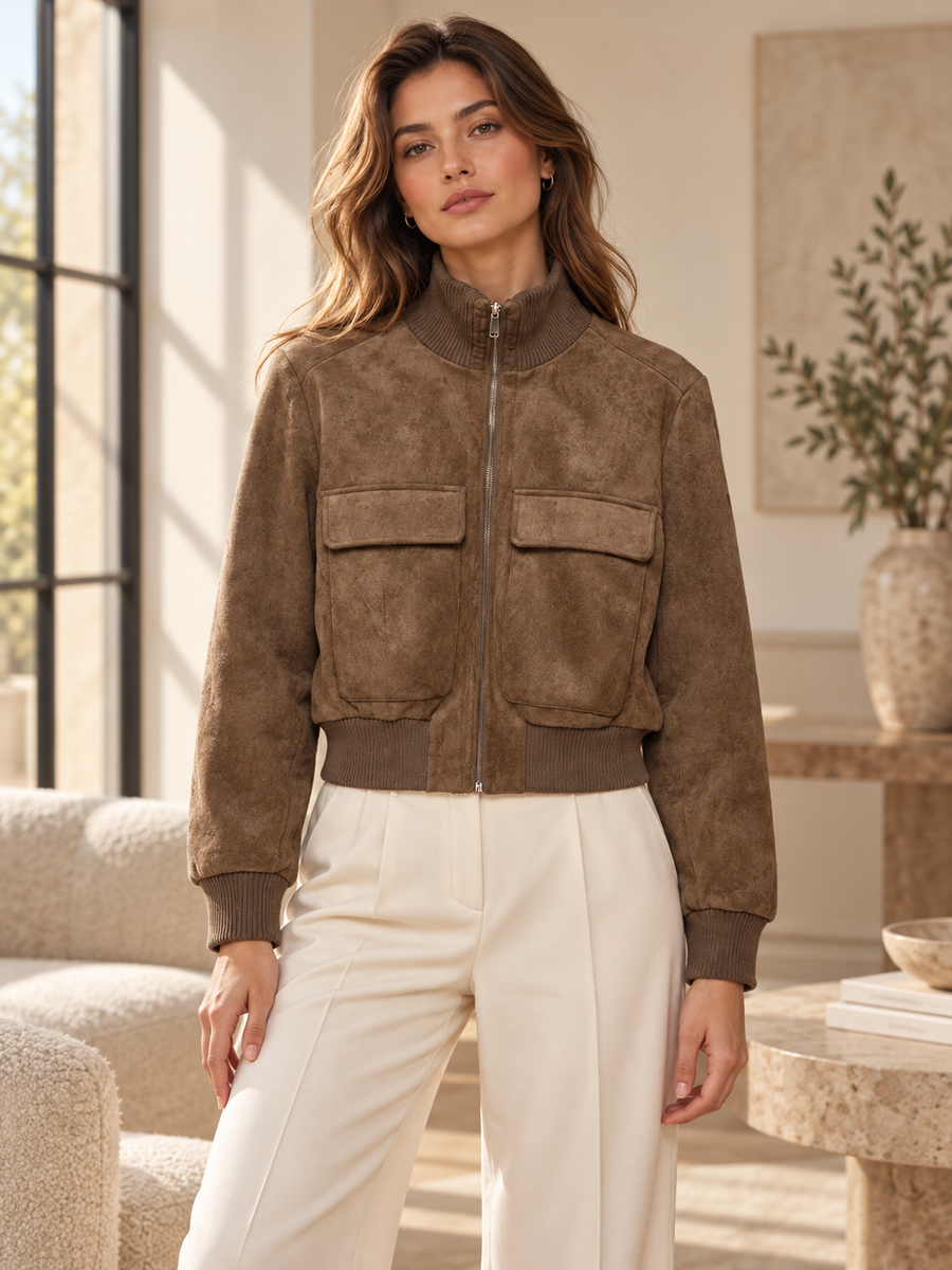 Rovelle Cropped Faux Suede Jacket — Mocha Brown — model