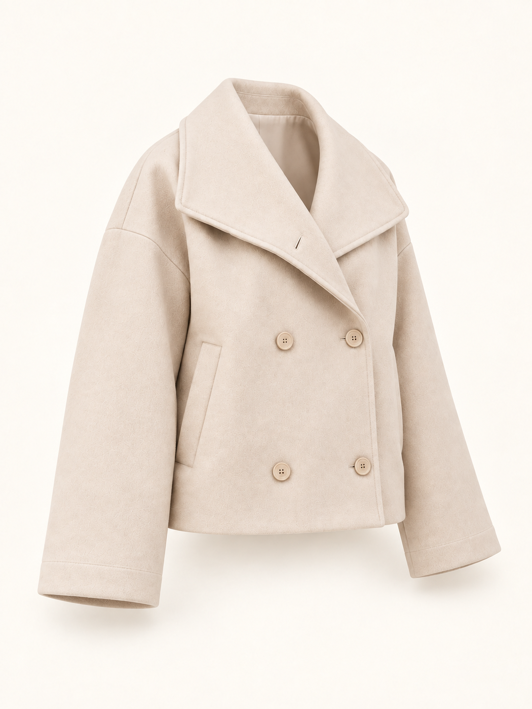 Rovelle Wide Collar Double Breasted Jacket — Apricot — three-quarter view