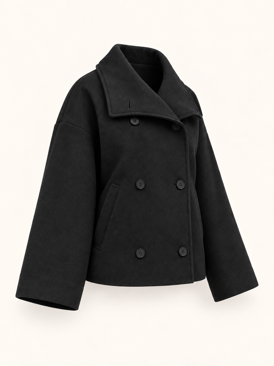 Rovelle Wide Collar Double Breasted Jacket — Black — three-quarter view