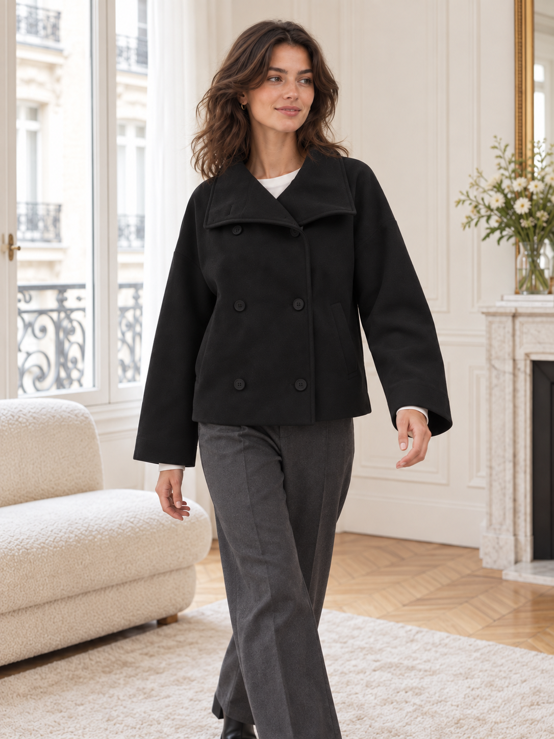 Rovelle Wide Collar Double Breasted Jacket — Black — model