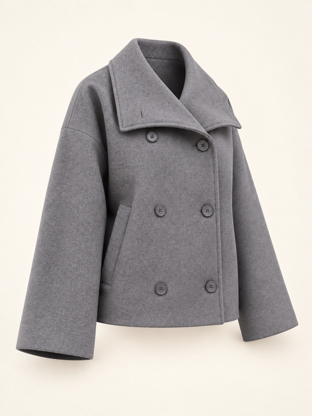 Rovelle Wide Collar Double Breasted Jacket — Grey — three-quarter view