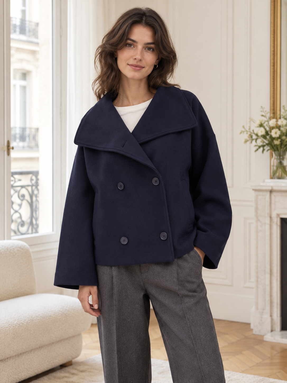 Rovelle Wide Collar Double Breasted Jacket — Navy — model